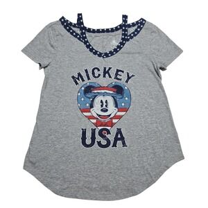 Disney Parks Mickey Mouse USA T-Shirt Womens Small Gray Patriotic Strappy V-Neck